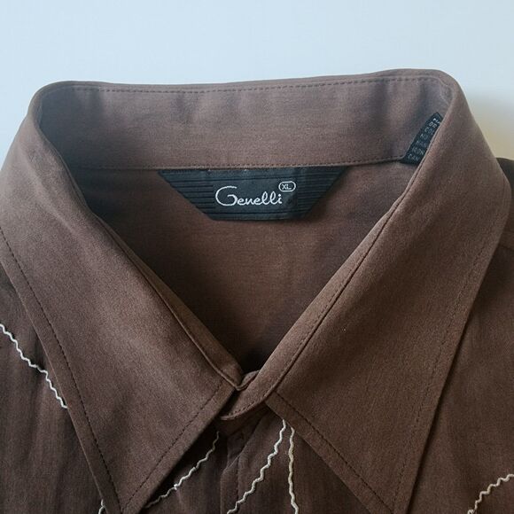 Vintage Genelli Button Shirt Men XL Brown 100 Silk Retro Sopranos 90s Wave Boho - Picture 3 of 11